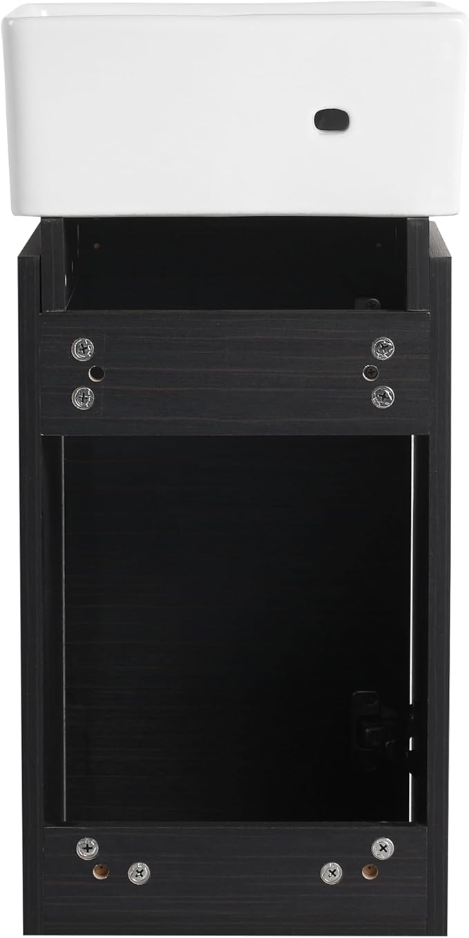 SSLine Modern 12" Floating Bathroom Vanity with Sink Wall Mounted Small Bathroom Vanity Cabinet with Top Basin Square Wood Bath Vanities w/Ceramic Sink for Small Space(Black Chestnut&Gold)