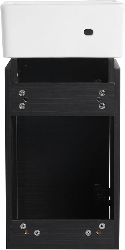 SSLine Modern 12" Floating Bathroom Vanity with Sink Wall Mounted Small Bathroom Vanity Cabinet with Top Basin Square Wood Bath Vanities w/Ceramic Sink for Small Space(Black Chestnut&Gold)