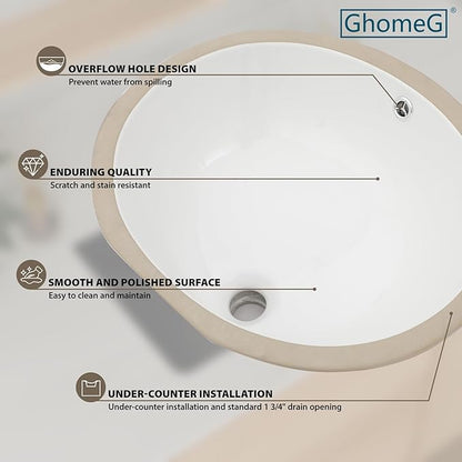 Undermount Bathroom Sink 19x16 Inch White Porcelain Ceramic Lavatory Vanity Sink with Overflow, Under Counter Bathroom Sink, Oval Undermount Vessel Sink for Bathroom