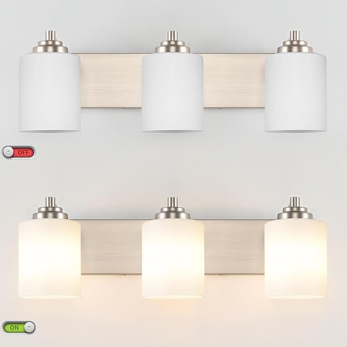SOLFART Modern Brushed Nickel 3 Light Vanity Sconces for Bathroom, Milky Glass Globe Bathroom Light Fixtures, 3 Lights Over Mirror Wall Mount Lighting (Bulbs Not Included)