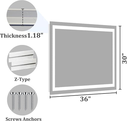 Koonmi 36x30 LED Bathroom Mirror, Shatterproof Mirror with Light | 90CRI Vanity Mirror with Anti-fog Backlit + Front Lit, 3 Color, Easy Install for Bathroom Hotel (IP65)