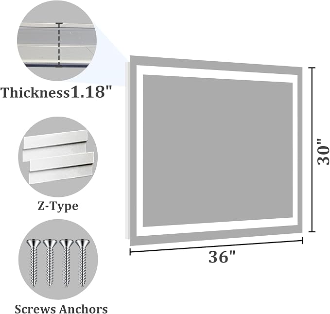 Koonmi 36x30 LED Bathroom Mirror with Light, Anti-Fog, 3 Colors | Backlit + Front Lit, Dimmable Brightness, Shatterproof HD Distortion-Free Tempered Glass, Hardware Included