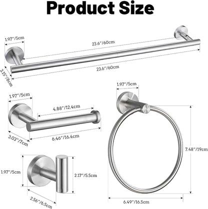 5 Pieces Brushed Nickel Bathroom Hardware Accessories Set SUS304 Stainless Steel Towel Bar Holder Set, 23.6Inch Towel Racks for Bathroom, Robe Towel Hooks, Toilet Paper Holder Wall Mounted