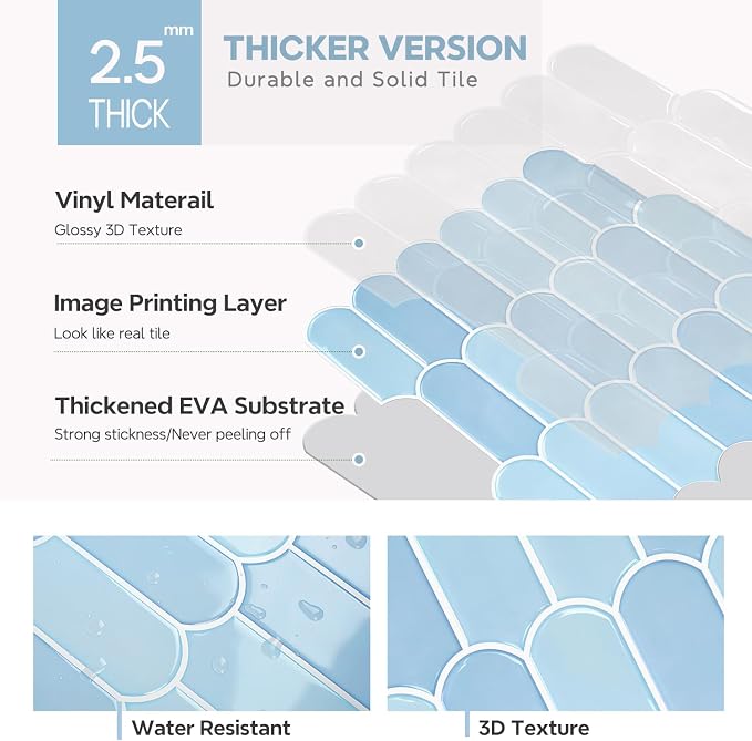 Vamos Tile Thicker Peel and Stick Backsplash Tile,Light Blue,10-Sheet | Self Adhesive Vinyl Wall Tiles with White Grout, Stick on Backsplash for Kitchen, Bathroom, RV,Laundry,11.1''x12''