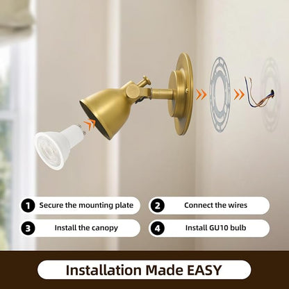 Gold Small Wall Sconce Hardwired Set of 2 - Vintage Brass Mini Bell Light | Adjustable Art Deco Fixture with Dimmable Bulb, for Bedside Reading Bedroom Hallway Kitchen Bathroom Vanity Picture Light
