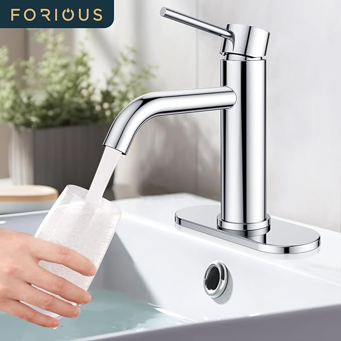 FORIOUS Single Hole Bathroom Faucets 1 Handle, Chrome Bathroom Sink Faucet with Metal Pop up Drain and Supply Hose, Suitable for Vanity Lavatory Restroom Remodel