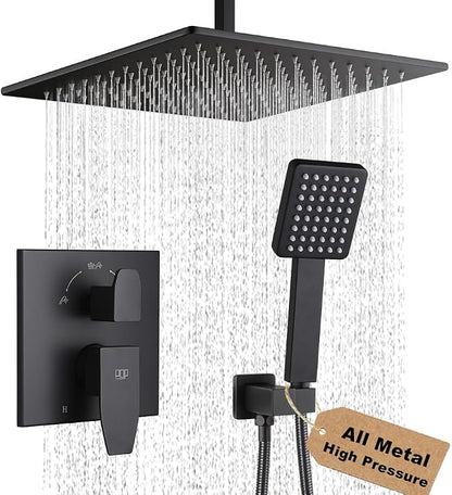 12 Inch Ceiling Mount Shower Faucet Set Matte Black Ceiling Rainfall Shower Head and Handle Set Bathroom Rain Shower System Include Shower Valve and Trim Kit