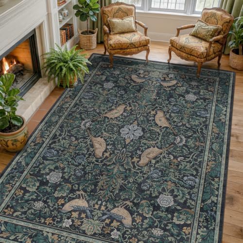 Moody Floral 6x9 Boho Living Room Rug - Washable Forest Bird Non-Slip & Low Pile Soft Carpet, Navy Blue & Deep Teal Area Rug for Dining Room Under Table, Bedroom