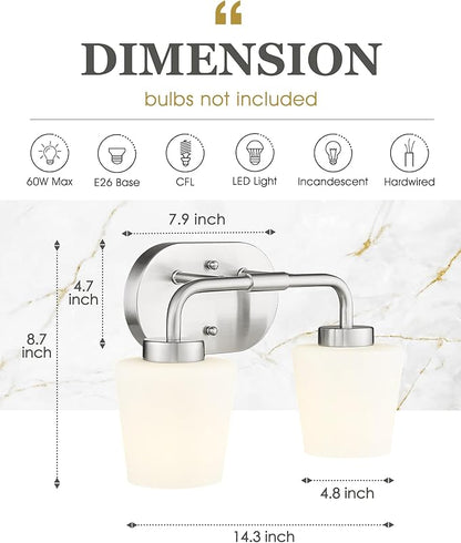 Bathroom Light Fixtures Over Mirror, 2-Light Brushed Nickel Vanity Lighting Fixtures with Milk White Glass, Vintage Farmhouse Wall Sconces Lighting, AD-22004-2W-SN