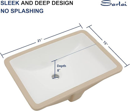 Sarlai Undermount Bathroom Sink - 20.5 x 14.5 inch Rectangular White Ceramic Vessel Sink with Overflow, Modern Vanity Art Basin, Interior Bowl Size 18.3" x 12.3"