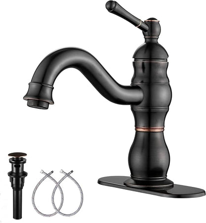 Oil Rubbed Bronze Bathroom Faucet Single Handle One Hole Bathroom Vanity Faucet Basin Mixer Tap Matching Pop Up Drain with Overflow