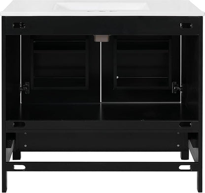 Favfurish 36" Black Bathroom Vanity with Ceramic Sink,Modern Bathroom Vanity Cabinet w/Soft Close Doors and Deep Drawer,Stylish Bath Storage Solution w/Divided Drawer,Easy Assembly,Black
