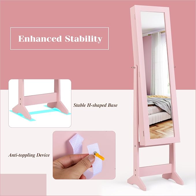 Giantex Jewelry Armoire with Full Length Mirror, Standing Jewelry Cabinet Organizer with 3 Tilting Angles, Bedroom Dressing Mirror with Large Storage for Earrings, Rings, Necklaces, Light Pink