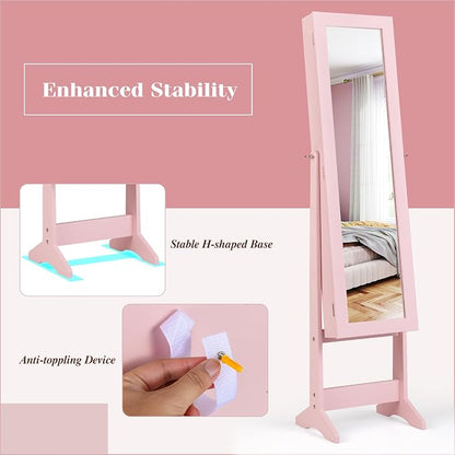 Giantex Jewelry Armoire with Full Length Mirror, Standing Jewelry Cabinet Organizer with 3 Tilting Angles, Bedroom Dressing Mirror with Large Storage for Earrings, Rings, Necklaces, Light Pink