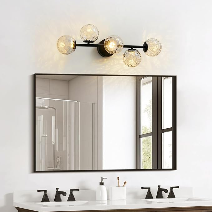 Black LED Bathroom Vanity Light: 5-Light Hammered Clear Glass Globe Bathroom Vanity Lights Fixture over Mirror - Mid Century Modern Dimmable Matte Black Bath Room Makeup Fireplace Wall Sconce Lighting