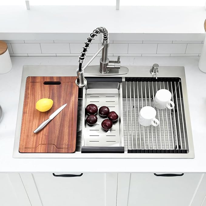 33 Inch Drop In Kitchen Sink Workstation - 33 x 22 Inch Drop In Sinks 16 Gage Stainless Steel Topmount Sinks Single Bowl 10'' Deep Handmade Above the Counter sink with Cutting Board& Strainer