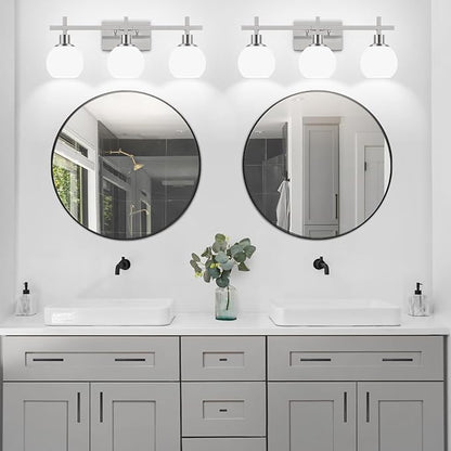 Modern Vanity Lighting Fixtures,3-Light Bathroom Lighting Fixtures Over Mirror，Brushed Nickel Wall Mounted Bathroom Vintage Lamp with Milky White Glass Lampshade for Living Room，Bedroom