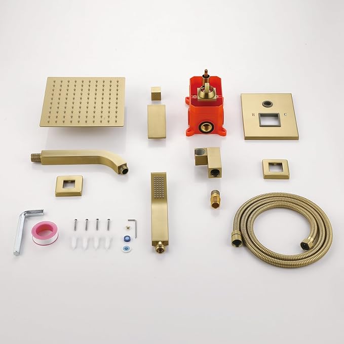 JOYWELL Shower Faucet Brushed Gold Shower System 8 Inches Rain Shower and Handheld Shower Combo,2-Function Pressure Balance Shower Fixtures,Included Shower Trim Kit