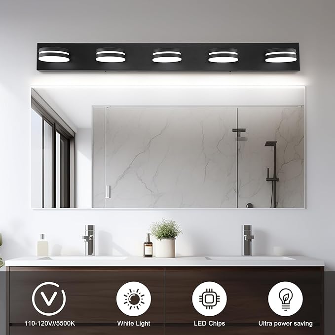 5-Light Bathroom Vanity Light, Modern LED Bathroom Light Fixture Over Mirror, Matte Black Bath Wall Lighting, Dimmable 5500K Vanity Lighting Fixture with 360°Rotable Head