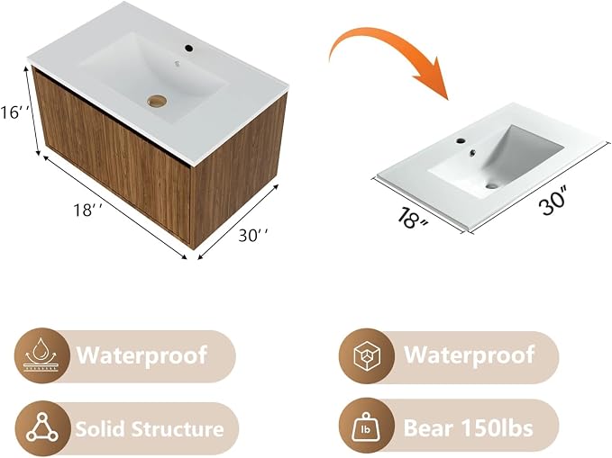 30 Inch Floating Bathroom Vanity with Ceramic Sink, Modern Striped Wall Mount Vanity Cabinet with Compartmentalized Storage Drawer, Walnut