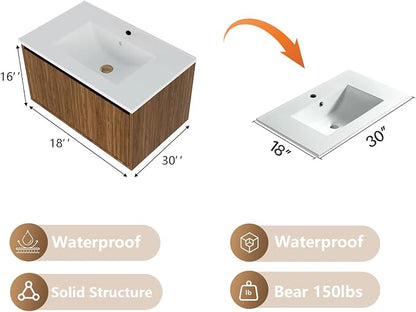 30 Inch Floating Bathroom Vanity with Ceramic Sink, Modern Striped Wall Mount Vanity Cabinet with Compartmentalized Storage Drawer, Walnut