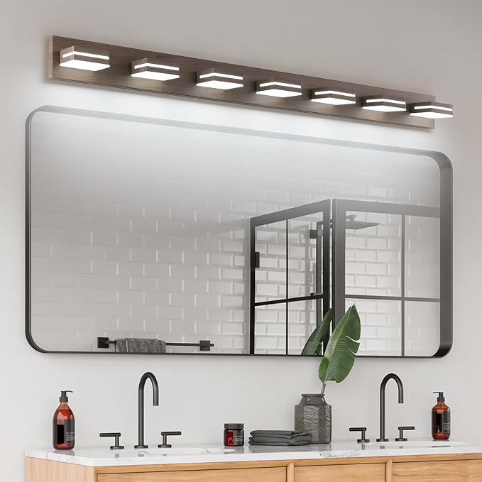 SineRise LED Modern Bathroom Vanity Light Fixtures, Modern Acrylic Bathroom Wall Lighting Fixtures Over Mirror, 7-Light, 55-Inch, Brown, 100%-0% White