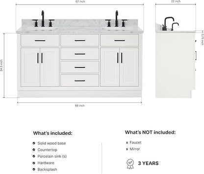 ARIEL Hepburn 66-inch Bathroom Vanity with Sink,Solid Wood, 0.75-inch Italian Carrara Marble Countertop, Double Rectangular Porcelain Sink, 4 Soft Closing Doors, 6 Dovetail Drawers, White