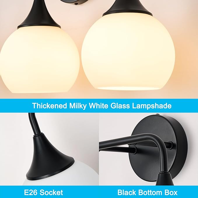 Bathroom Light Fixtures 2-Light Matte Black Vanity Light Modern Wall Sconces with Milk White Glass Shade Vanity Lights for Bathroom(Exclude E26 Bulb)