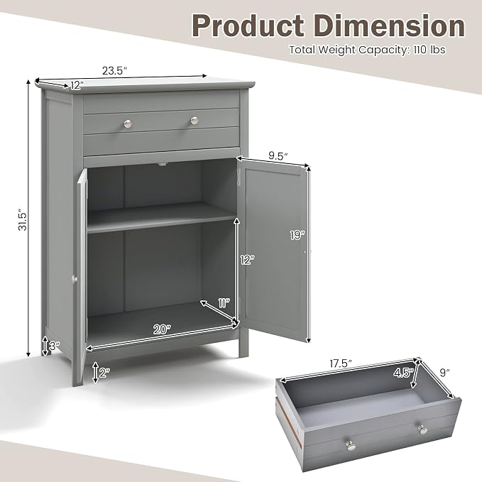 Giantex Bathroom Storage Cabinet with Drawer - Floor Cabinet with Doors, Adjustable Shelf, Storage Organizer for Entryway, Laundry Room, Kitchen, Living Room, Bedroom, Freestanding Cupboard (Gray)