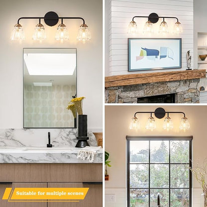 4-Light Vintage Vanity Light, Black and Gold Bathroom Vanity Light Fixtures Over Mirror, Elegant Bathroom Light Fixtures with Clear Glass Shade, Wall Sconce Lighting for Bedroom, Living Room