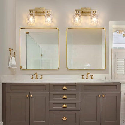 Mecgirn Stainless Steel Bathroom Vanity Light Over Mirror, 2 Light Brushed Gold Bathroom Light Fixtures with Textured Glass Shades,Ceramic E26 Sockets Wall Mounted Vanity Lights for Bathroom