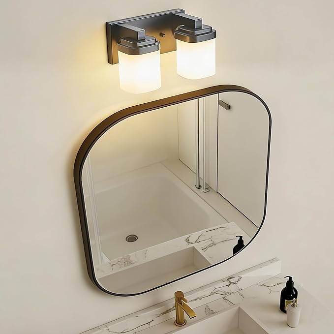 Vanity Lights, Small Bathroom Lamp Lighting Fixtures Over Mirror | 2-light black vanity lights for bathroom with milky white square glass shade, 10" modern farmhouse bathroom light fixtures