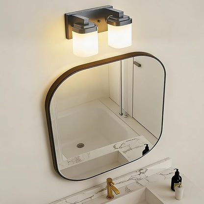 Vanity Lights, Small Bathroom Lamp Lighting Fixtures Over Mirror | 2-light black vanity lights for bathroom with milky white square glass shade, 10" modern farmhouse bathroom light fixtures