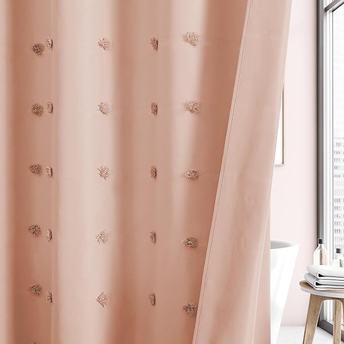 LilyCat Pink Stall Boho Tufted Floral Shower Curtain with Tassel, 36" x 72" | Waterproof Boho Fabric Shower Curtain Set with Hooks, Cute Rustic Vintage Bathroom Décor, Minimalist Cloth Bathroom Curtain