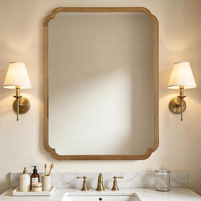 36" x 48" Wood Bathroom Mirror for Wall Mounted, Rustic Rounded Corner Wood Frame Wall Mirror for Entryway, Living Room or Bedroom Home Decorative, Natural