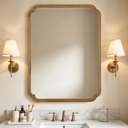 36" x 48" Wood Bathroom Mirror for Wall Mounted, Rustic Rounded Corner Wood Frame Wall Mirror for Entryway, Living Room or Bedroom Home Decorative, Natural