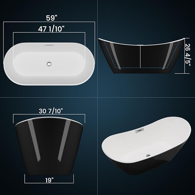 Freestanding Tub 59 inch, Acrylic Stand Alone Tub with Chrome Drain, Modern Acrylic Freestanding Bathtub 59 inch for Small Bathroom or Condo