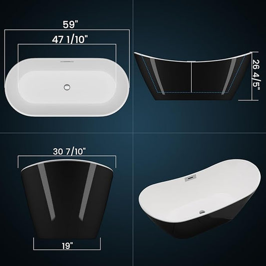Freestanding Tub 59 inch, Acrylic Stand Alone Tub with Chrome Drain, Modern Acrylic Freestanding Bathtub 59 inch for Small Bathroom or Condo