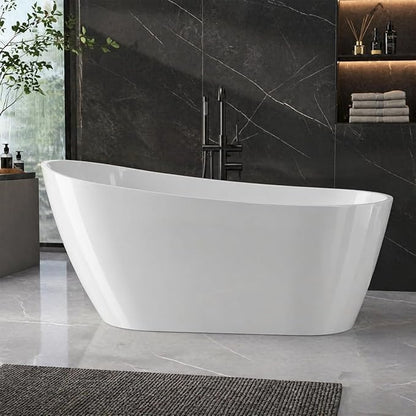 59 Inch Acrylic Freestanding Bathtub, Deep Soaking Tub with Non-Slip Base, cUPC Certified Free Standing Modern Bath Tub with Chrome Drain, Easy-Clean White Soaking Tub for Bathroom, Home Spa