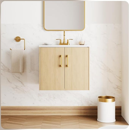 24 Inch Oak Floating Bathroom Vanity, Pre-Assembled Wall-Mounted Cabinet with 2 Soft-Close Doors & 3 Hole Ceramic Sink, No Faucet,BV08-24-OAK