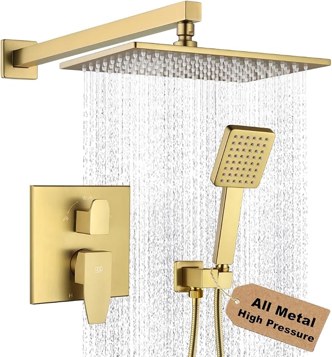 Shower Faucet Set Brushed Gold Rianfall 12 Inch Shower Head and Handle Set Bathroom Rain Shower System Wall Mounted Shower Fixture Include Shower Valve and Trim Kit