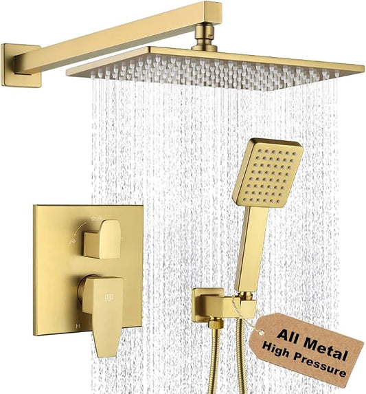 Shower Faucet Set Brushed Gold Rianfall 12 Inch Shower Head and Handle Set Bathroom Rain Shower System Wall Mounted Shower Fixture Include Shower Valve and Trim Kit