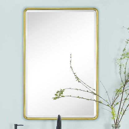 TEHOME Farmhouse Brushed Gold Metal Framed Recessed Bathroom Medicine Cabinet with Mirror Rounded Rectangle Medicine Cabinet with Beveled Mirror 16x24''