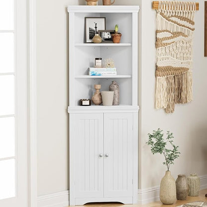 YESHOMY Corner Cabinet, Storage Cupboard with Doors | Tall Storage Cabinet with Adjustable Shelves, for Living Room, Bathroom, Kitchen, Warm White