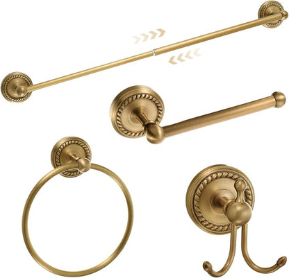 4 Pcs Antique Brass Gold Bathroom Accessories Set Wall-Mounted Adjustable Towel Rack & Round Towel Ring & Toilet Paper Holder & Robe Hook, Wall Mounted Brass Vintage Bath Hardware Set
