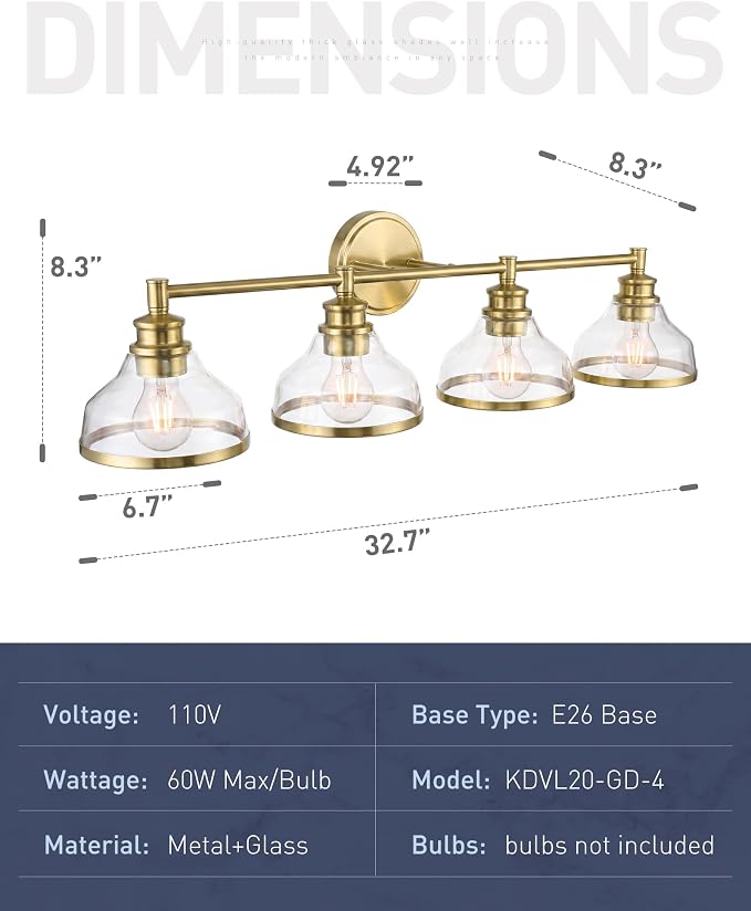 kudos 4-Light Brushed Gold Vanity Light, Clear Glass Shade | 33" bathroom light fixtures over mirror, upward or downward, E26 base, bulbs not included, Hardwired, KDVL20-GD-4