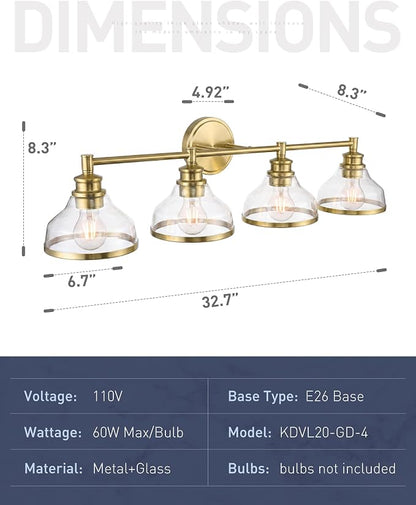 kudos 4-Light Brushed Gold Vanity Light, Clear Glass Shade | 33" bathroom light fixtures over mirror, upward or downward, E26 base, bulbs not included, Hardwired, KDVL20-GD-4