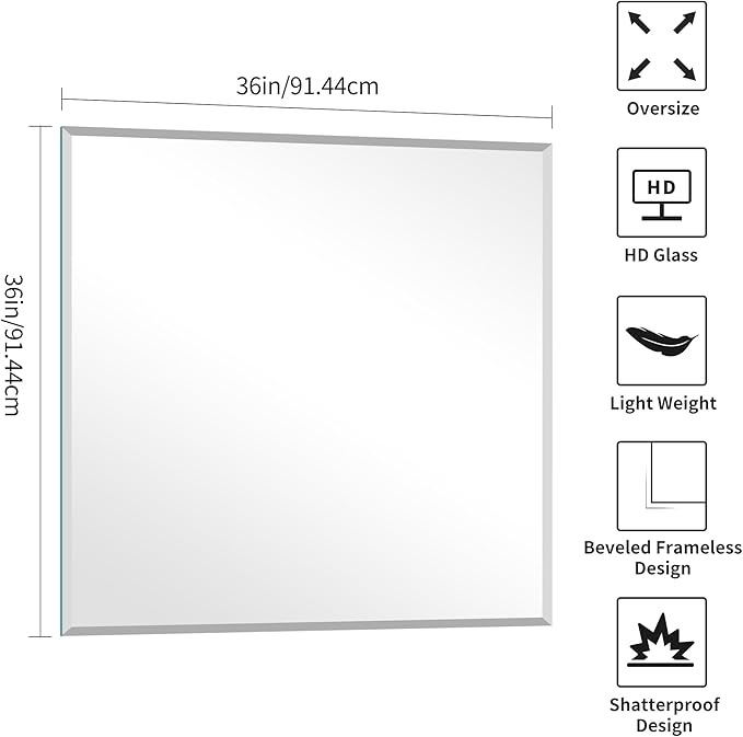 KOCUUY Beveled Mirror, 36x36 Inch Large Frameless Square Bathroom Mirror for Over Sink, Upgraded Shatterproof Beveled Unframed Design Mirror for Bathroom, Bedroom, Hang Horizontal/Vertical