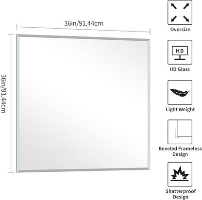 KOCUUY Beveled Mirror, 36x36 Inch Large Frameless Square Bathroom Mirror for Over Sink, Upgraded Shatterproof Beveled Unframed Design Mirror for Bathroom, Bedroom, Hang Horizontal/Vertical