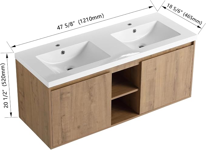 Floating Bathroom Vanity, 48" Bathroom Storage Cabinet with Double Resin Sinks, 2 Soft-Close Doors & 2 Open Storage Shelves, Modern Wall-Mounted Vanity with 45° Bevel Handles, Oak
